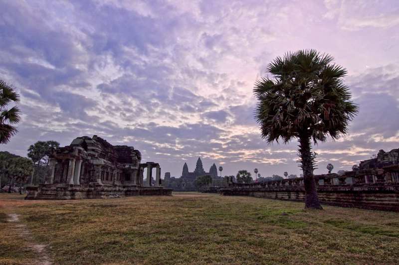 Angkor Wat, north library, and moon at sunrise